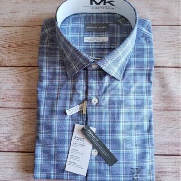 Michael Kors Airsoft Stretch Fabric Plaid Classic-Regular Fit Dress Shirt - Picture 2 of 7